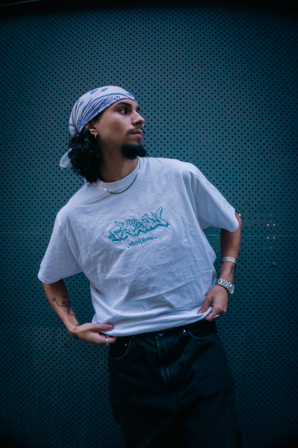 FATBOY EMBROIDERED T | WHITE + LIGHT BLUE