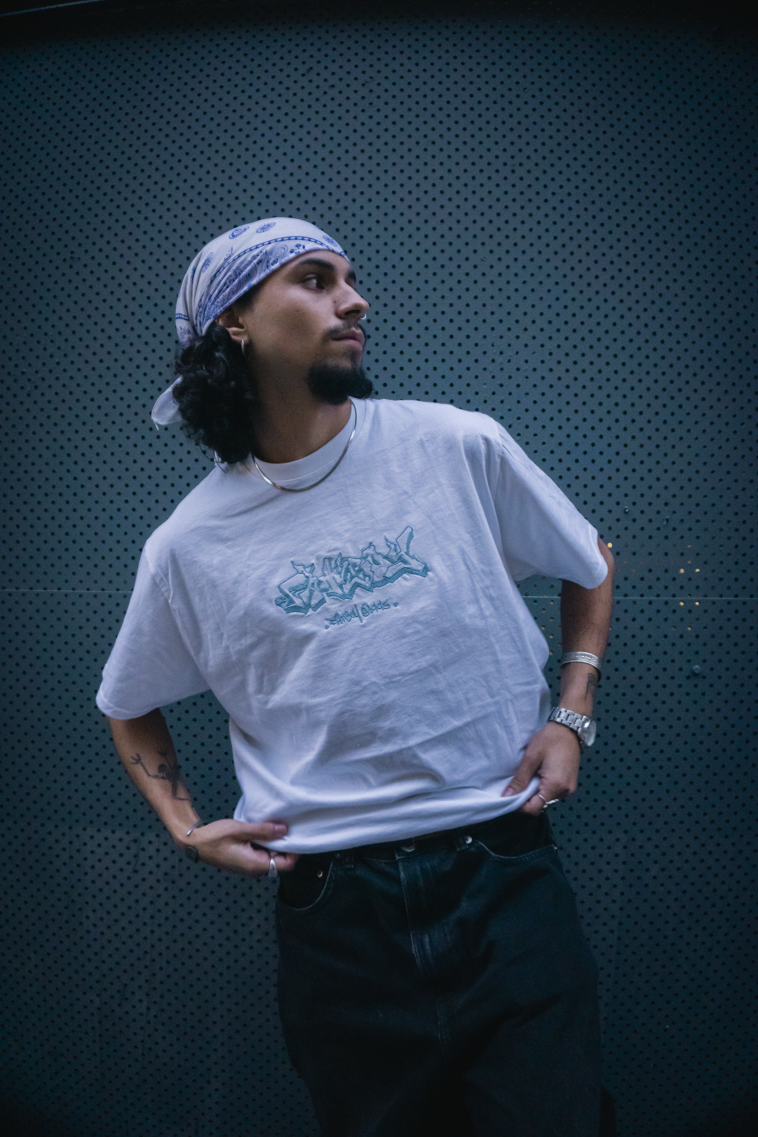 FATBOY EMBROIDERED T | WHITE + LIGHT BLUE